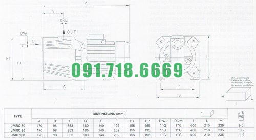 Thông số kỹ thuật chi tiết của máy bơm  bán chân không Pentax JMRC 8O